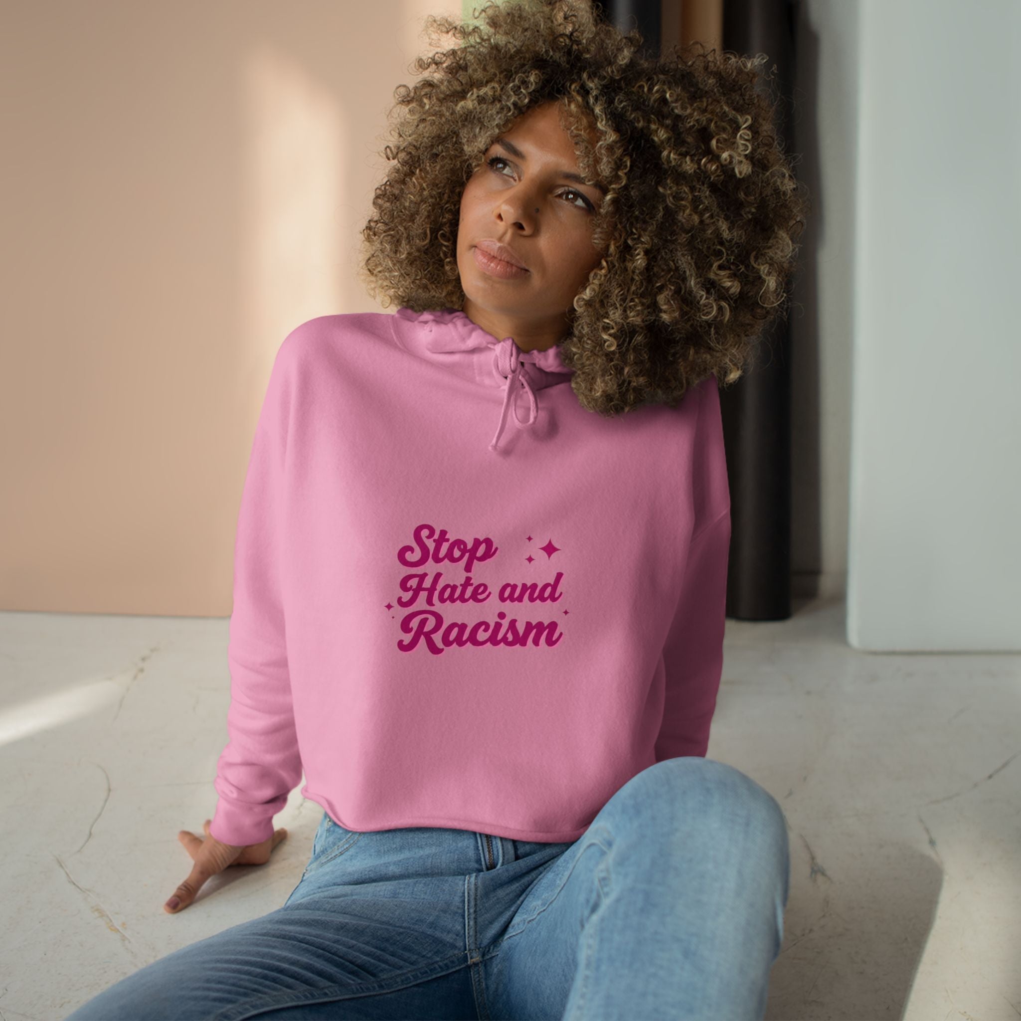 Stop Hate and Racism Crop Hoodie — Women’s Activist Graphic Hoodie