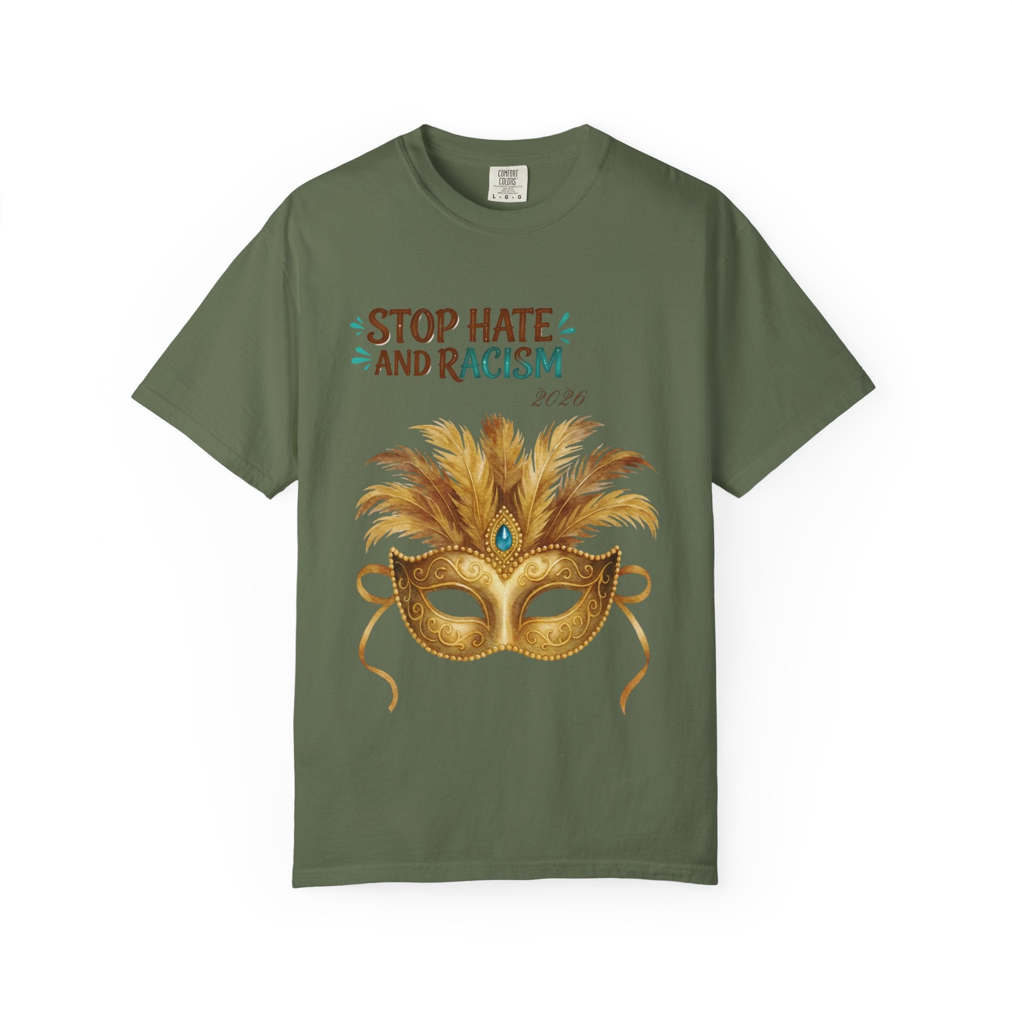 Stop Hate and Racism T-Shirt — Mardi Gras Mask Anti-Racism Tee