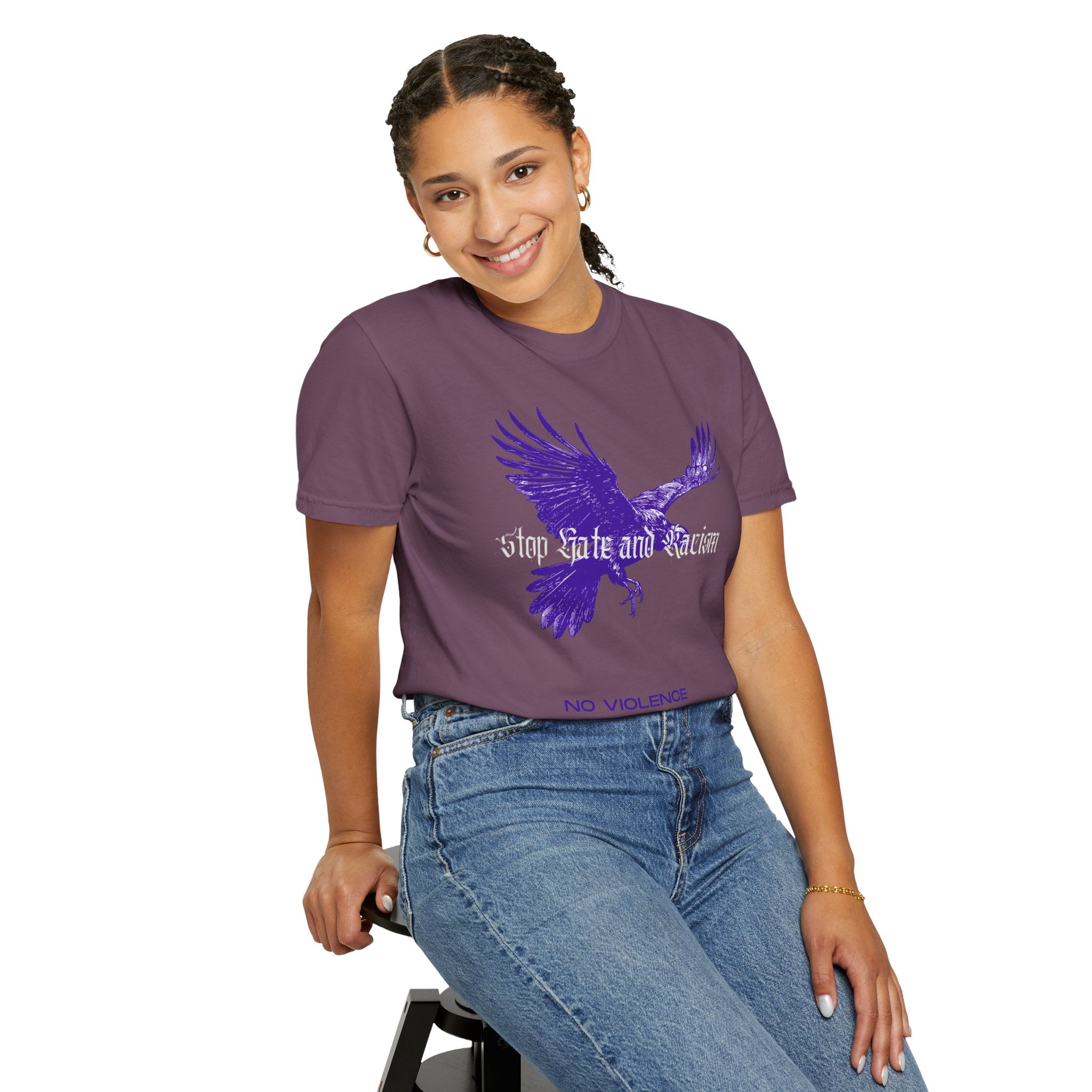 No Violence Raven T-Shirt — Purple Flying Crow Graphic Tee