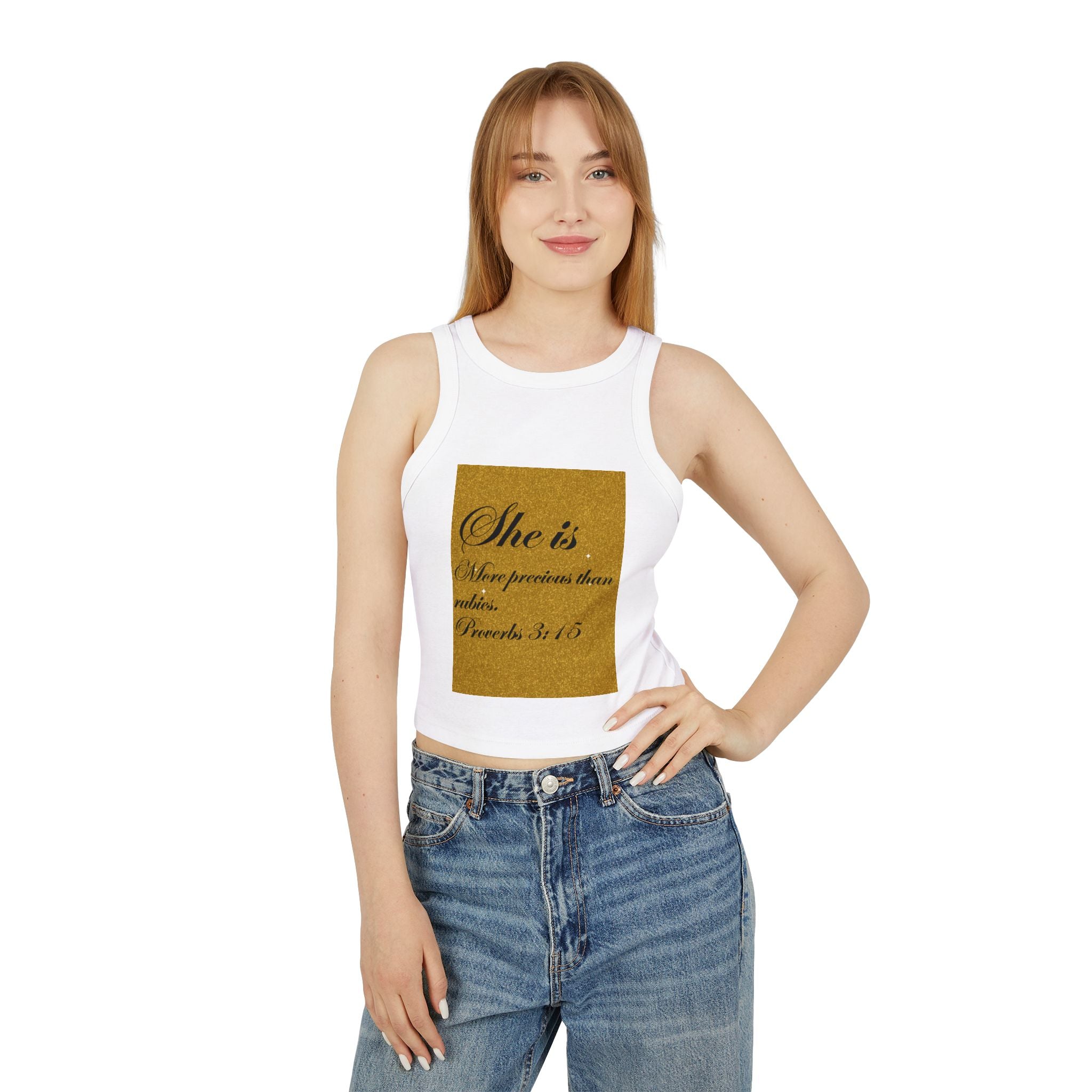 Women's Racer Tank Top — "She is More Precious than Rubies" Proverbs 3:15 Scripture Tank