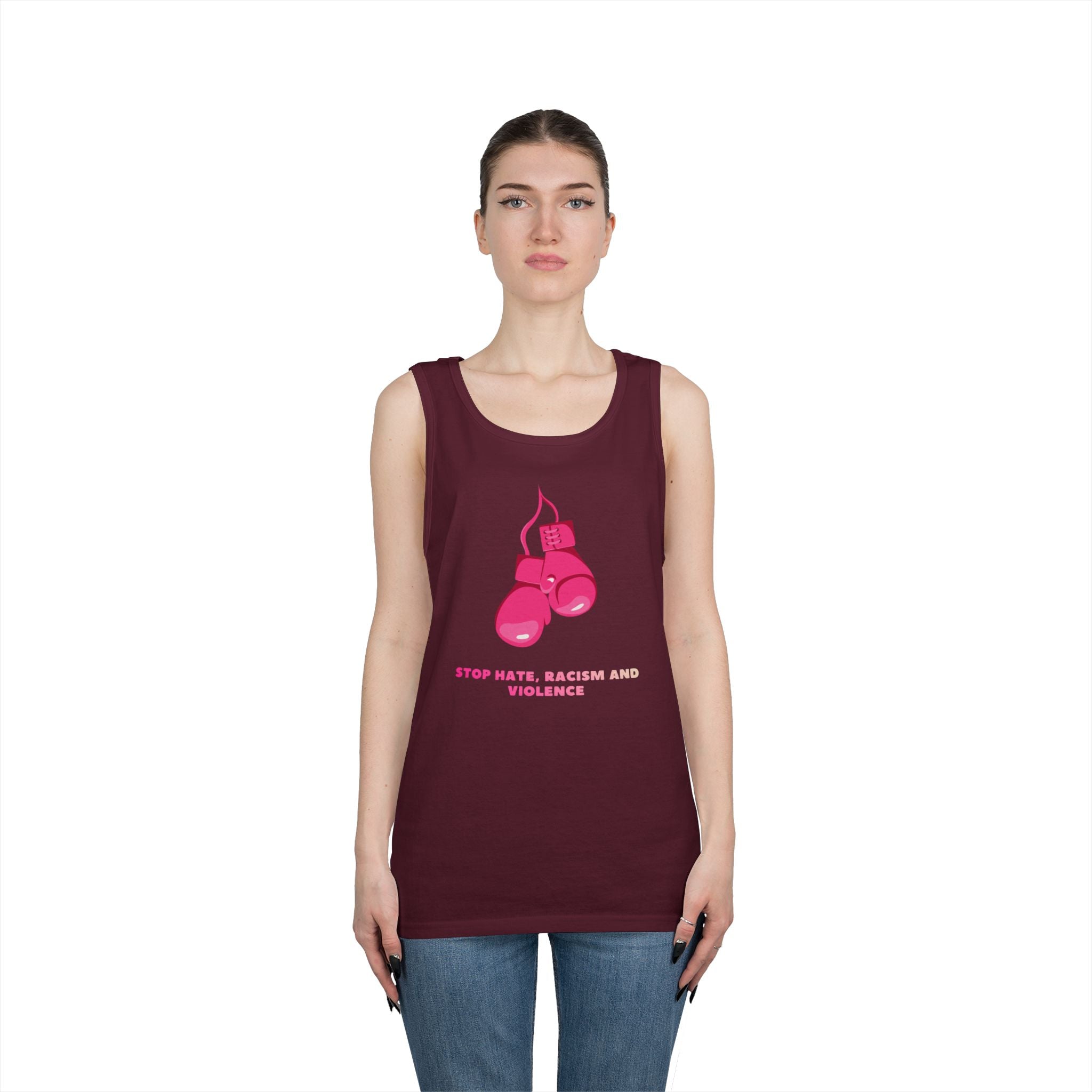 Pink Boxing Gloves Tank Top – “Stop Hate, Racism and Violence” Graphic Tank