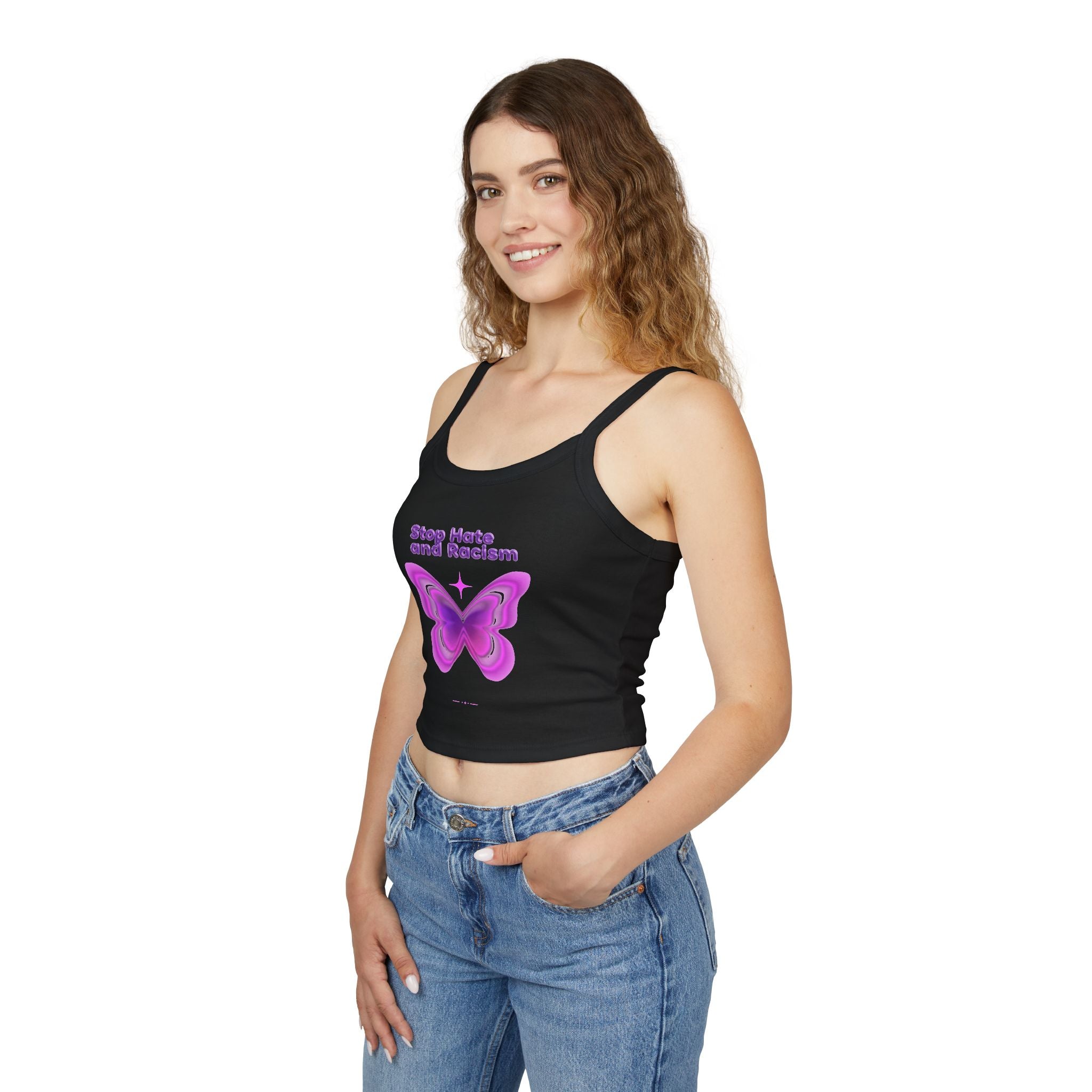 Stop Hate and Racism Butterfly Tank Top — Women's Pink Activist Crop