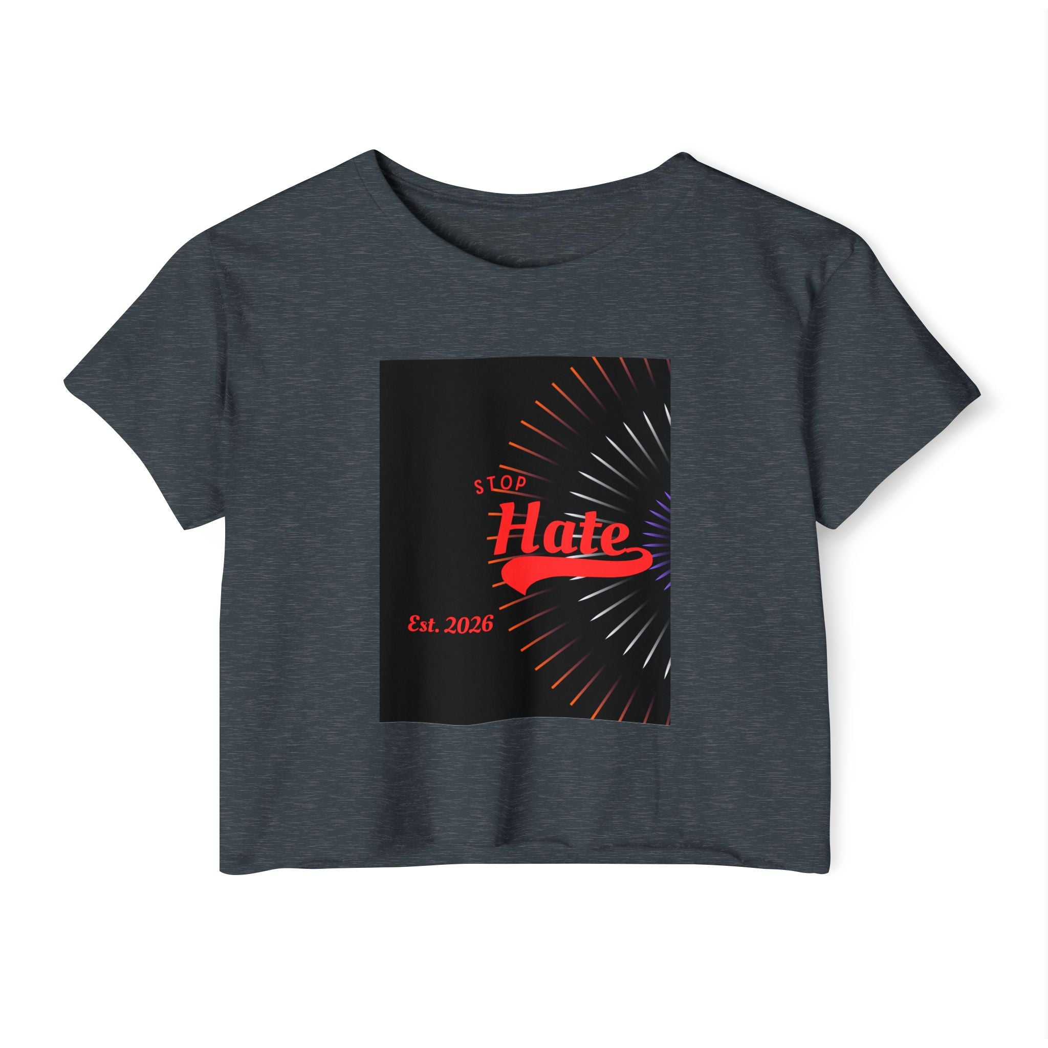 Crop Top — 'Stop Hate' Festival Crop Top, Retro Red Script Graphic