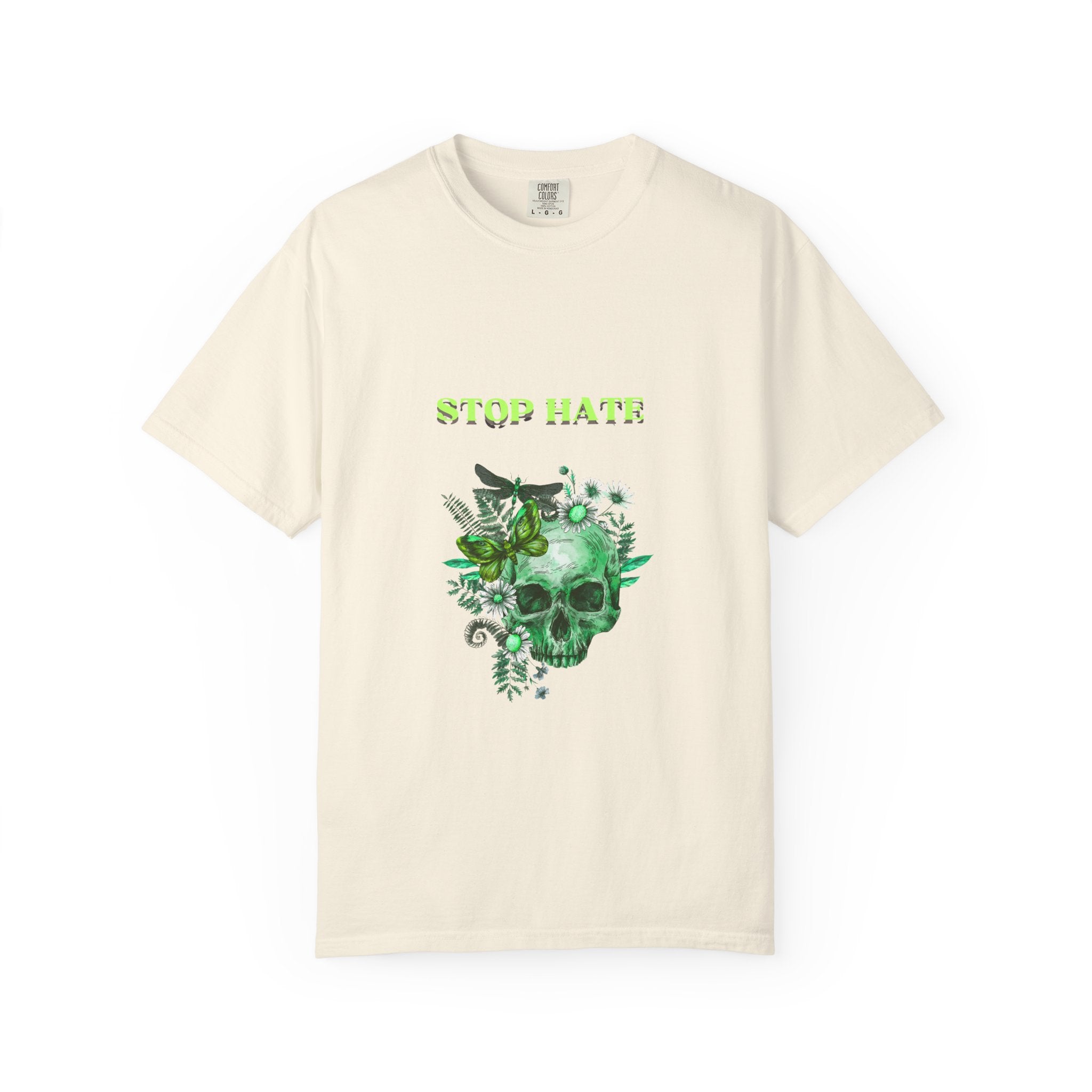 Stop Hate Skull T-Shirt — Green Floral Skull Graphic Tee