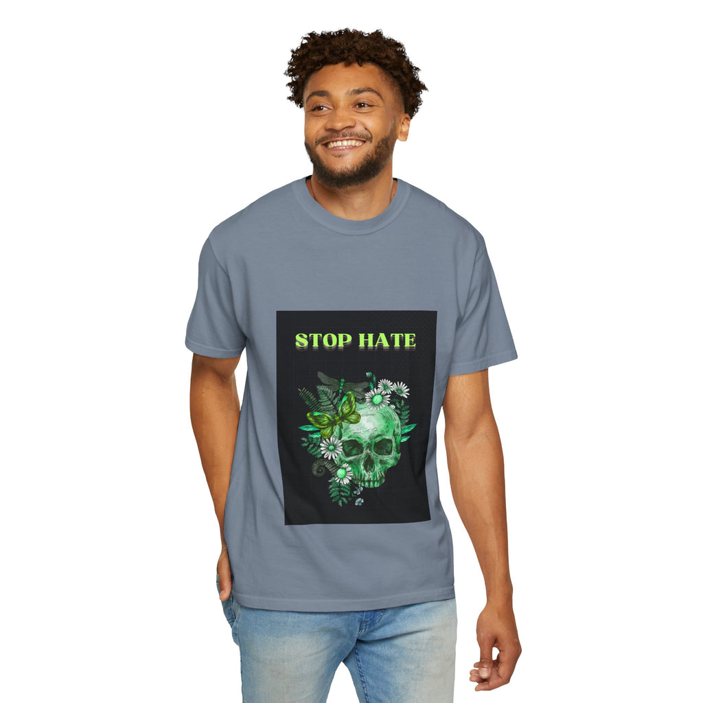 Stop Hate Skull T-Shirt — Green Floral Skull Graphic Tee
