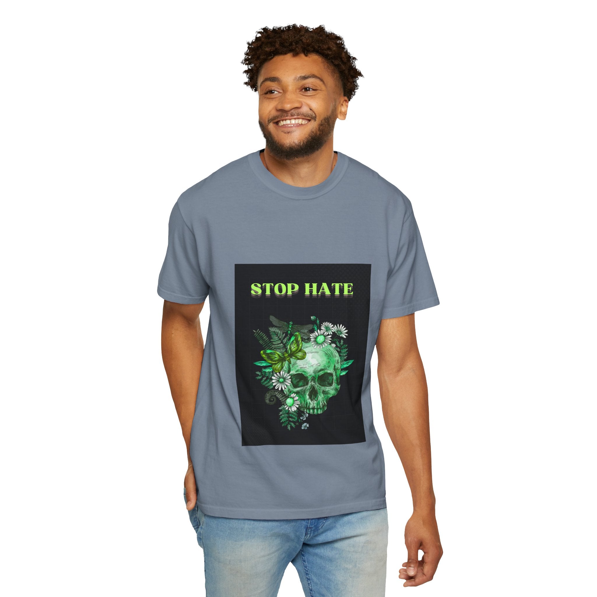 Stop Hate Skull T-Shirt — Green Floral Skull Graphic Tee