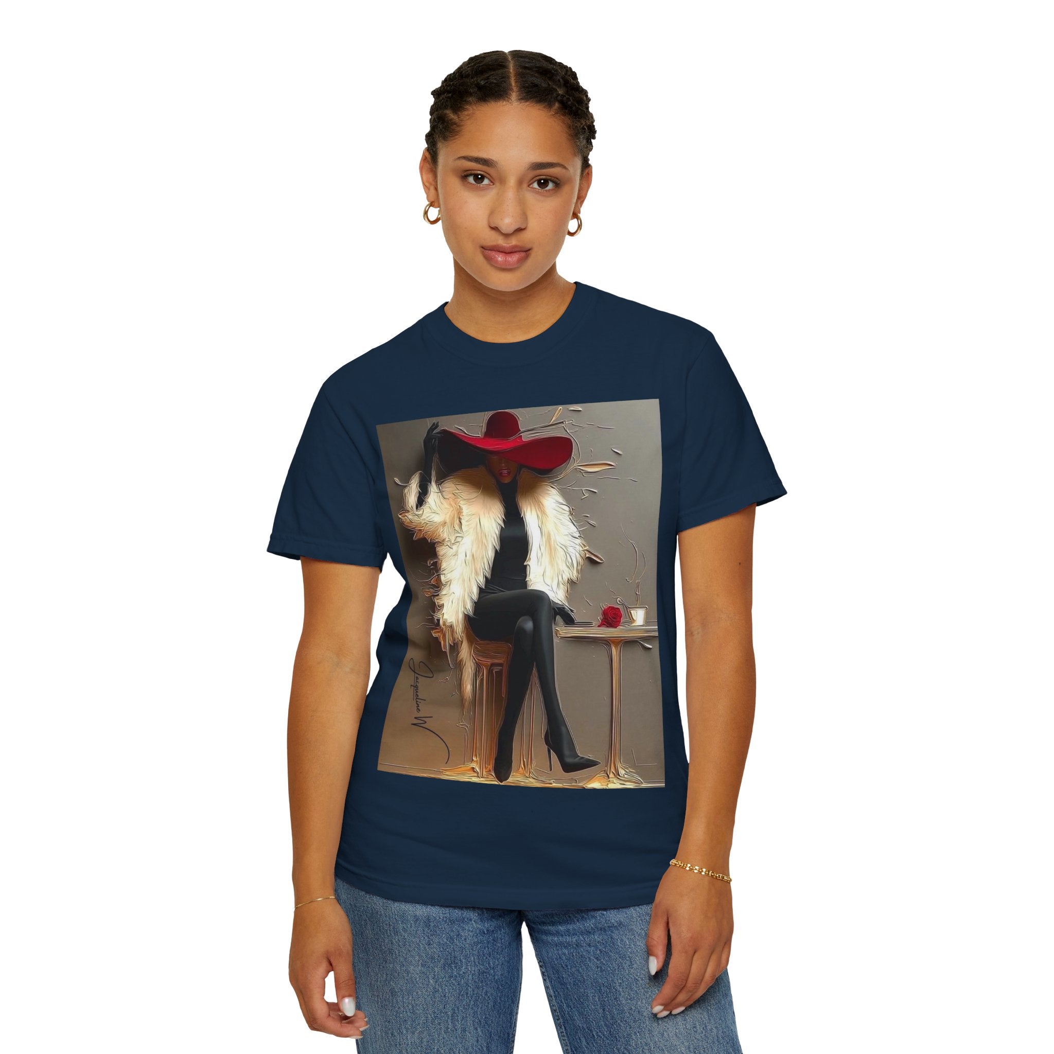 Vintage Glam Femme T-Shirt — Red Hat, Fur & Stiletto Art Tee