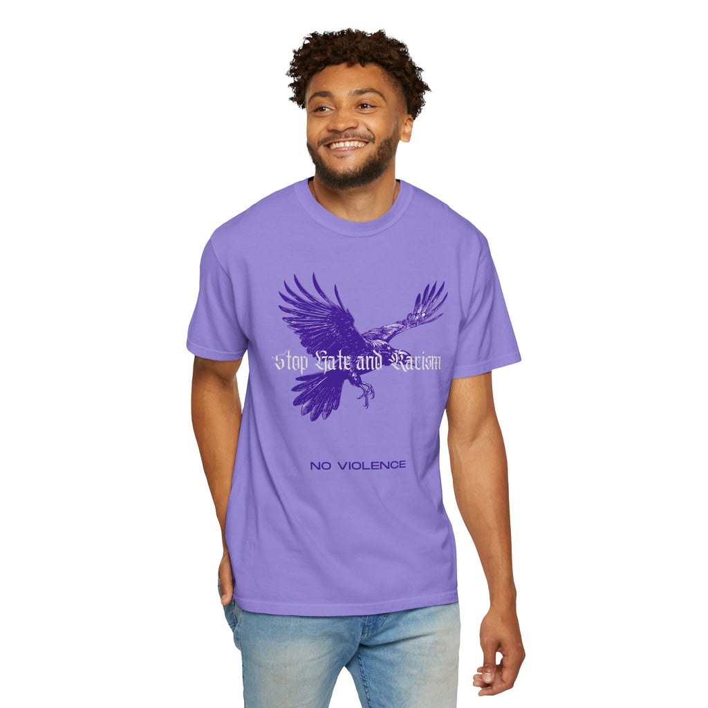No Violence Raven T-Shirt — Purple Flying Crow Graphic Tee