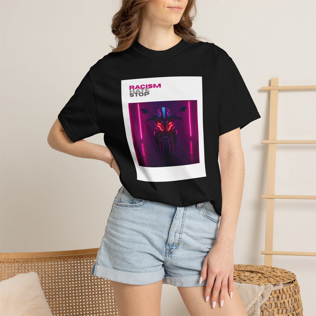 Anti-Racism Graphic T-Shirt — “Racism Stop” Neon Robot Design