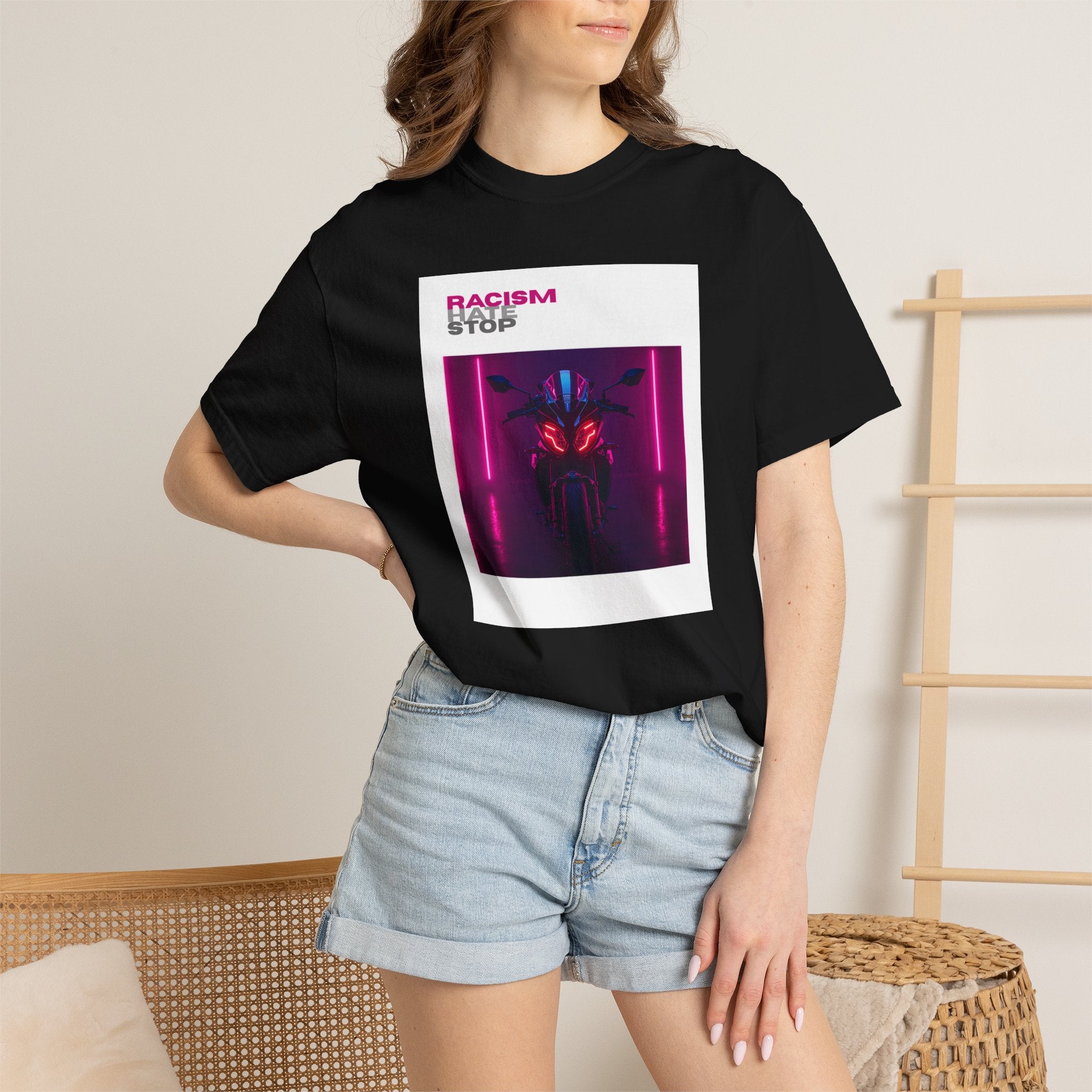 Anti-Racism Graphic T-Shirt — “Racism Stop” Neon Robot Design