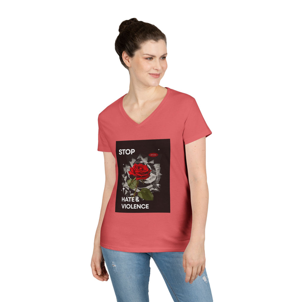 Stop Hate & Violence Women's V-Neck T-Shirt — Red Rose Peace Graphic Tee