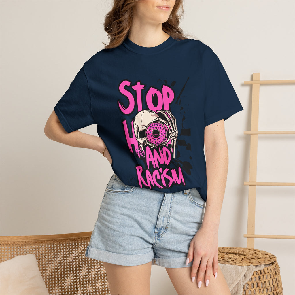 Stop H8 and Racism Graphic Tee — Anti-Racism Skull Donut Protest T-Shirt