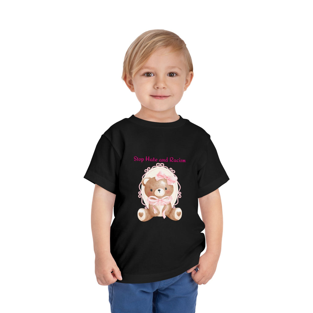 Toddler Tee – Pink Teddy "Stop Hate and Racism" Anti-Racism Kids Shirt