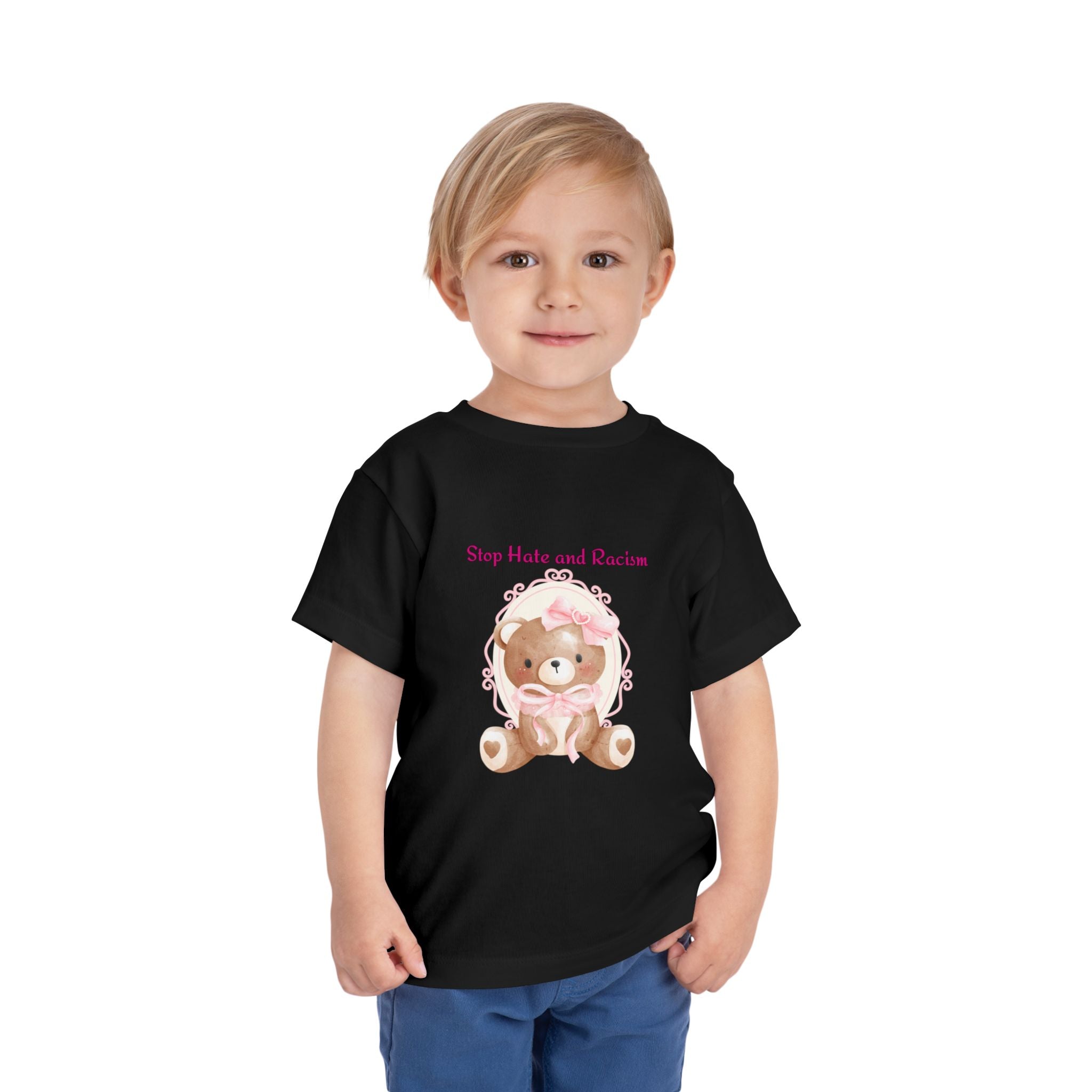 Toddler Tee – Pink Teddy "Stop Hate and Racism" Anti-Racism Kids Shirt