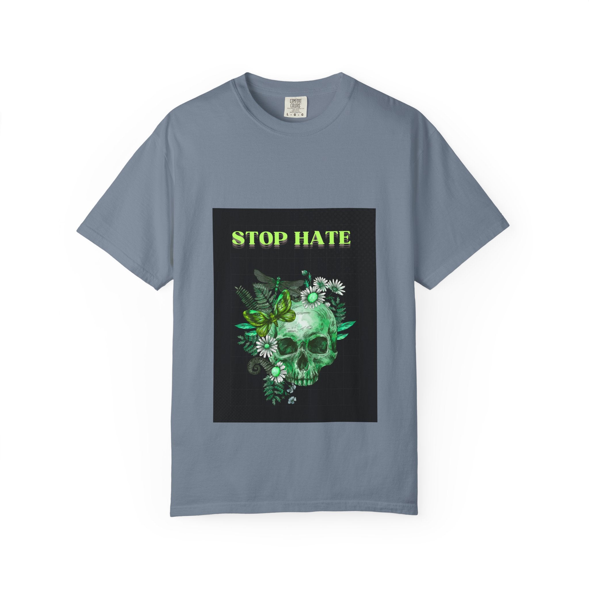Stop Hate Skull T-Shirt — Green Floral Skull Graphic Tee