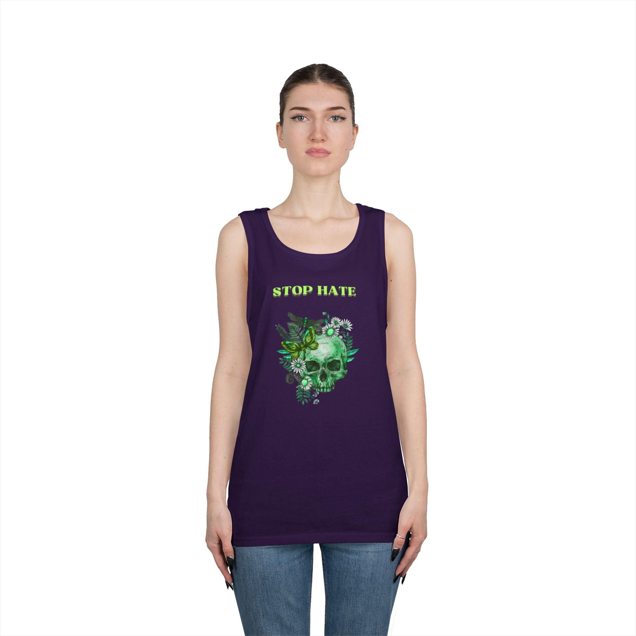 Stop Hate Skull Tank — Green Floral Skull Tank Top