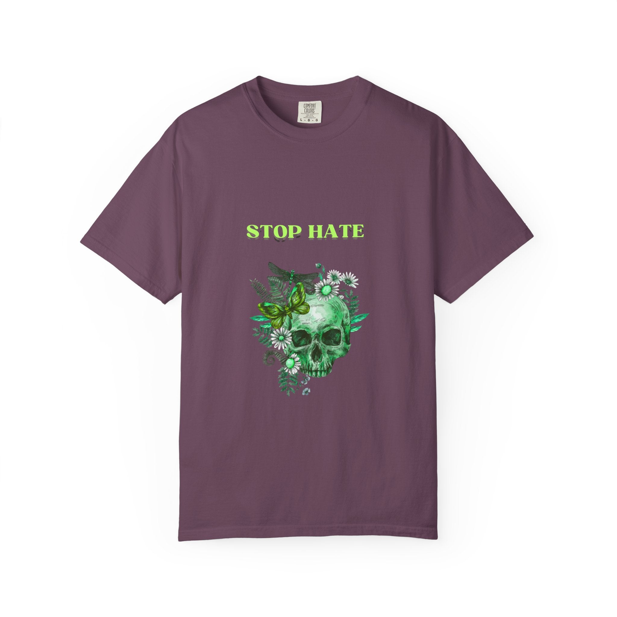 Stop Hate Skull T-Shirt — Green Floral Skull Graphic Tee