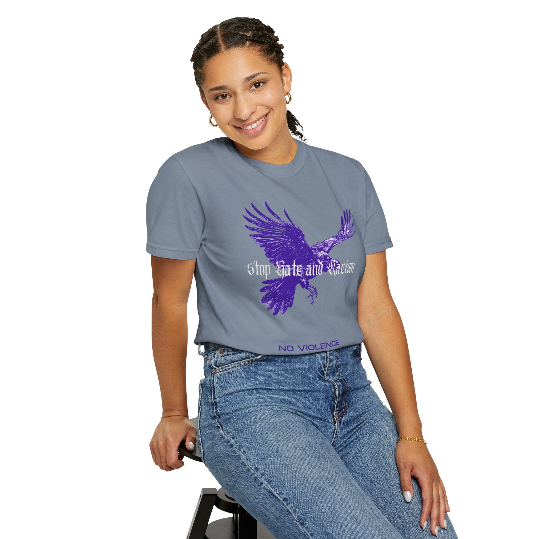 No Violence Raven T-Shirt — Purple Flying Crow Graphic Tee