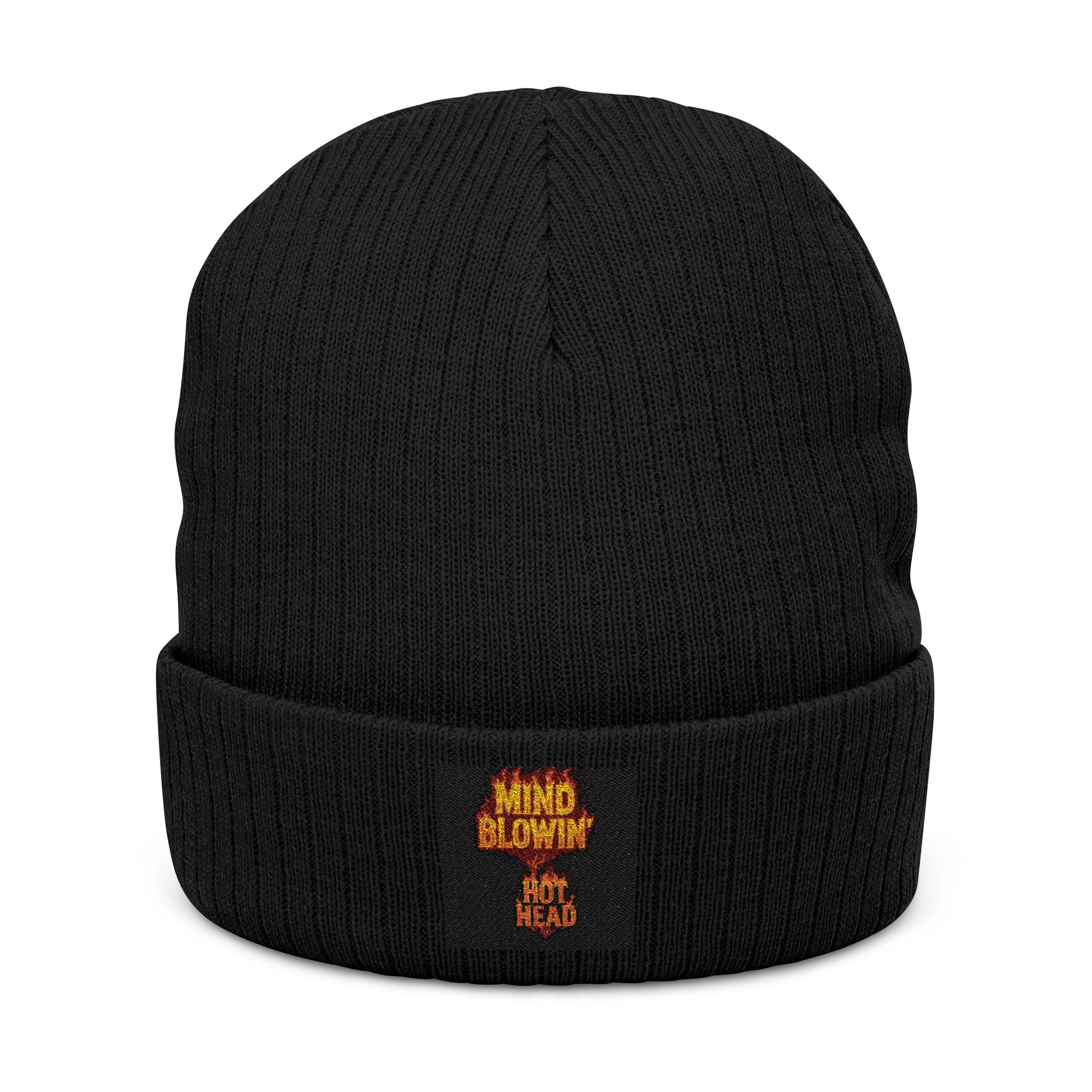 Embroidered 'Mind Blown' Flame Beanie — Ribbed Knit Winter Hat