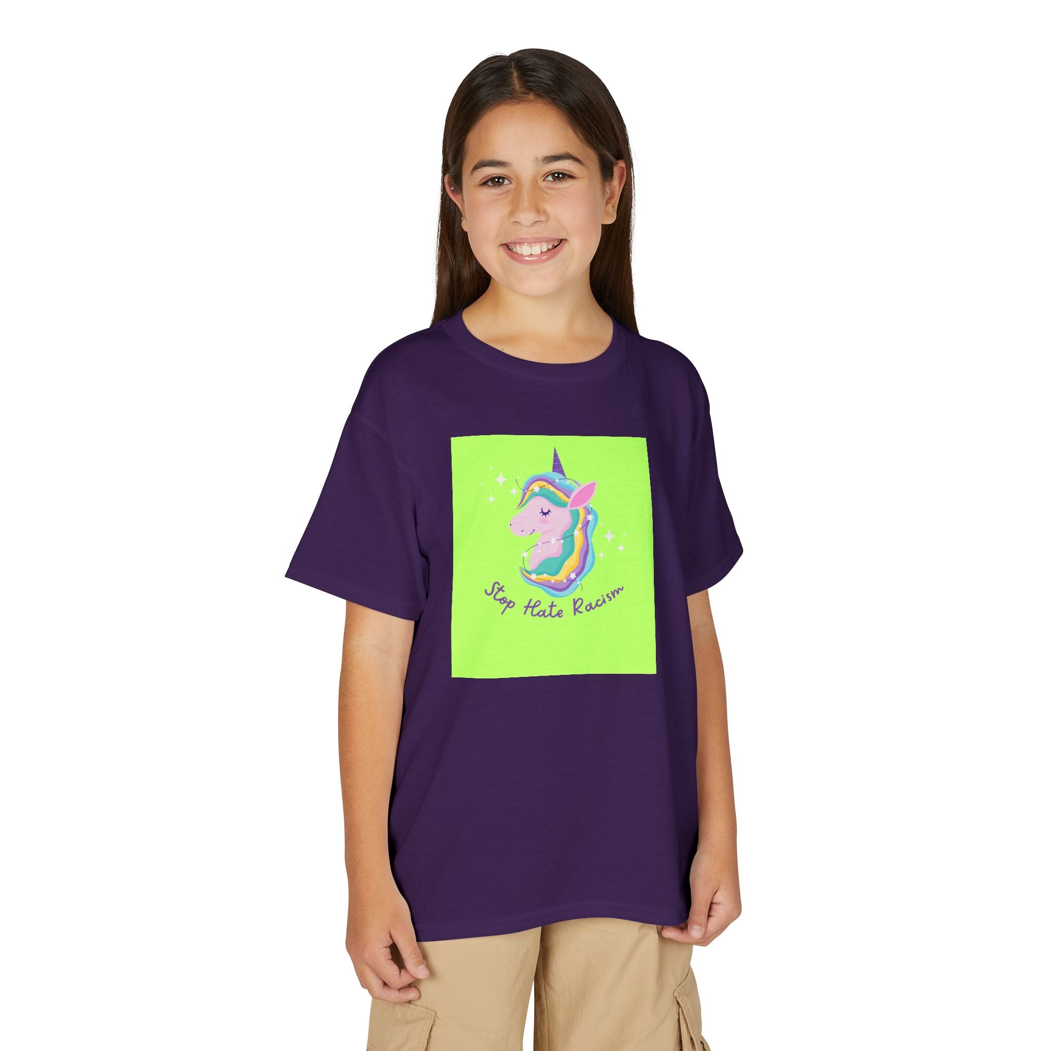 Youth T-Shirt — Rainbow Unicorn “Stop Hate Racism” Graphic