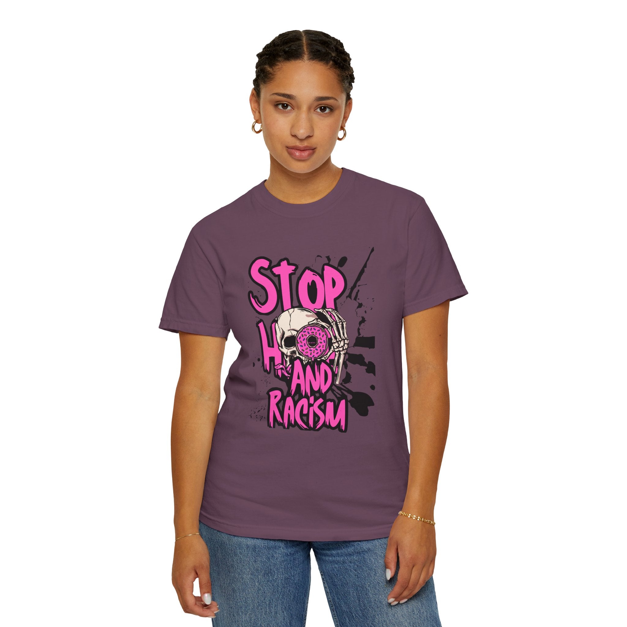 Stop H8 and Racism Graphic Tee — Anti-Racism Skull Donut Protest T-Shirt
