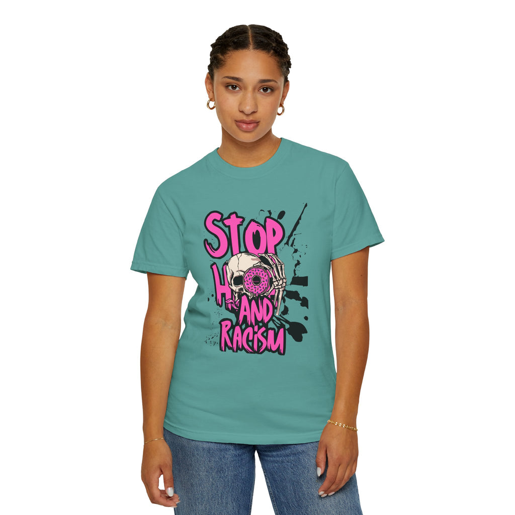 Stop H8 and Racism Graphic Tee — Anti-Racism Skull Donut Protest T-Shirt