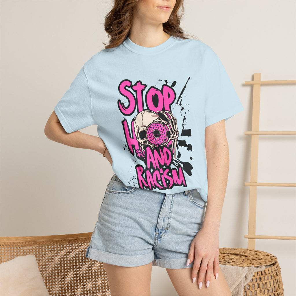 Stop H8 and Racism Graphic Tee — Anti-Racism Skull Donut Protest T-Shirt
