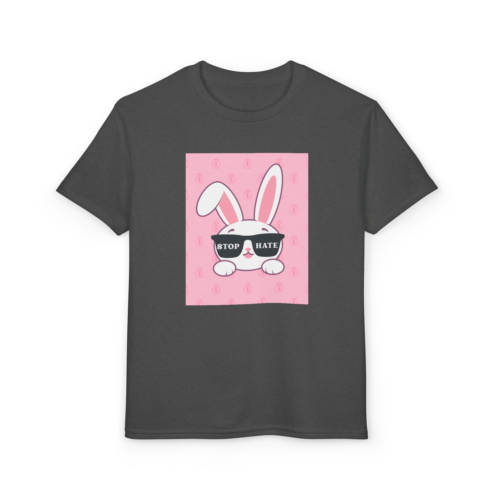 Youth T-Shirt — Pink Bunny Wearing "Stop Hate" Sunglasses Kids Tee