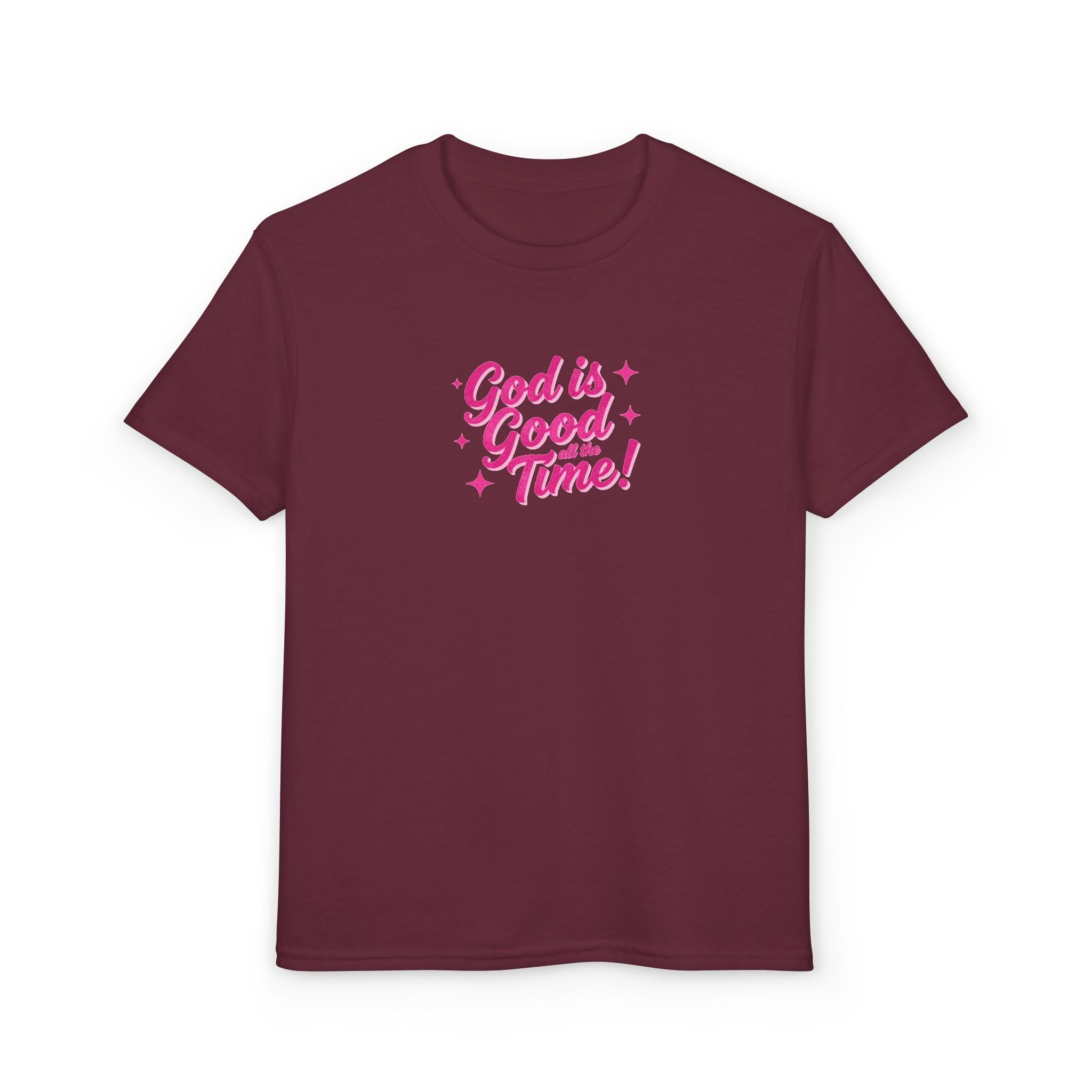 Youth T-Shirt — "God Is Good Time!" Pink Script Faith Tee