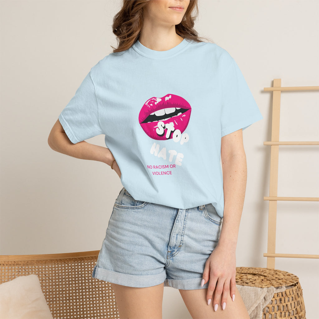 T-Shirt — Pink Lip 'Stop' Graphic Tee (No Racism or Violence)