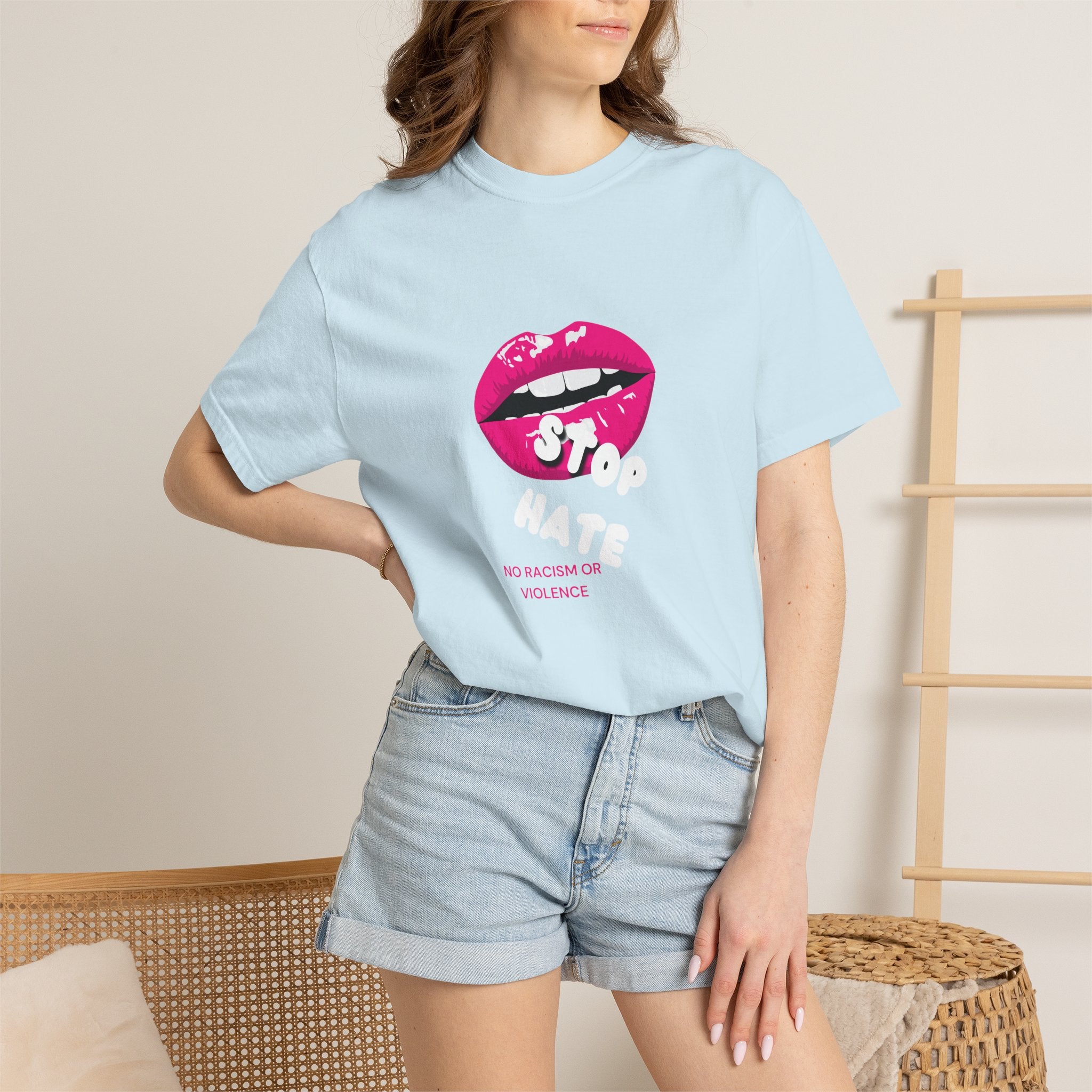 T-Shirt — Pink Lip 'Stop' Graphic Tee (No Racism or Violence)