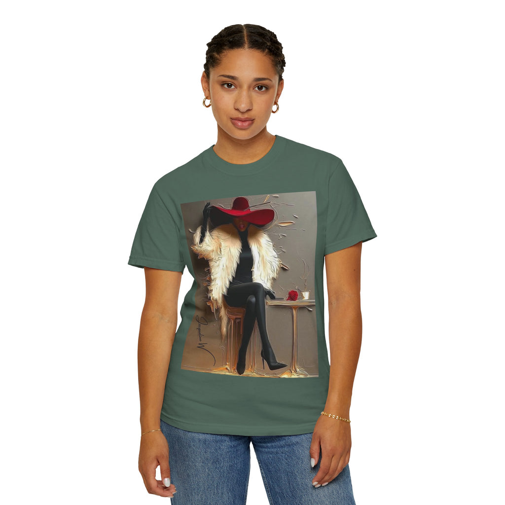Vintage Glam Femme T-Shirt — Red Hat, Fur & Stiletto Art Tee