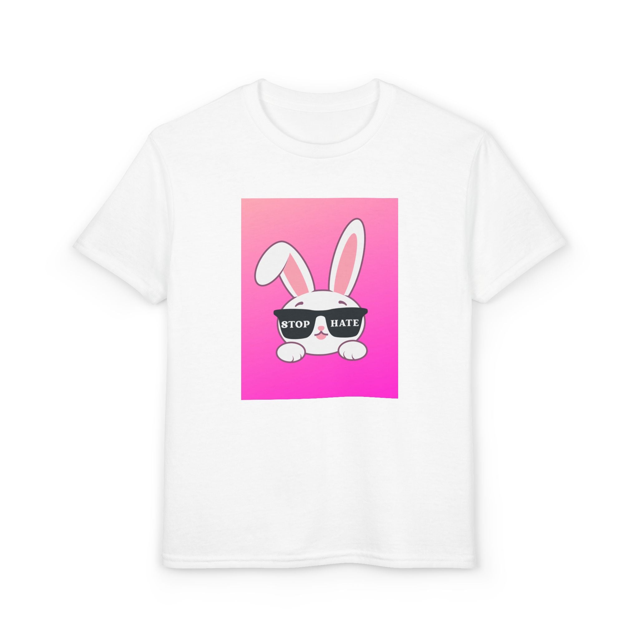 Youth T-Shirt — Pink Bunny "Stop Hate" Graphic