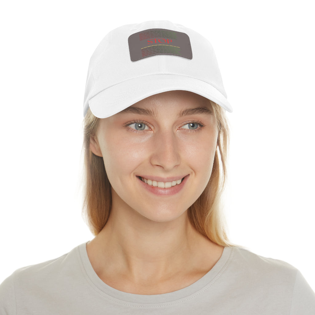 Leather Patch Dad Hat — 'STOP' Embossed Casual Baseball Cap