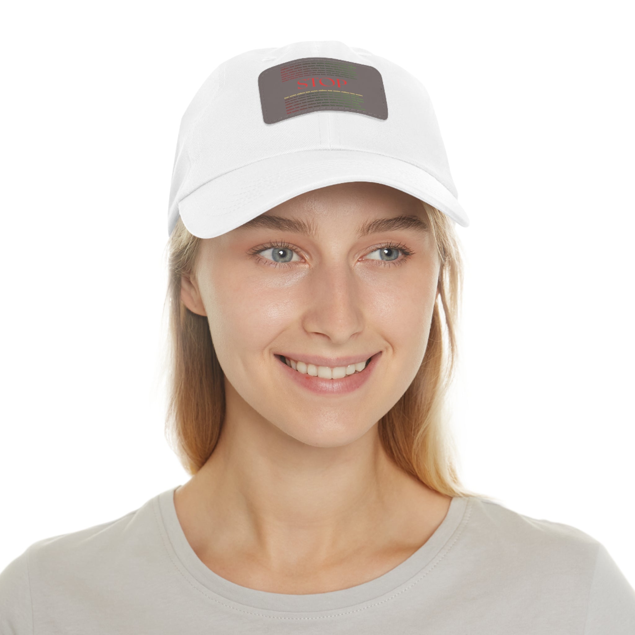 Leather Patch Dad Hat — 'STOP' Embossed Casual Baseball Cap