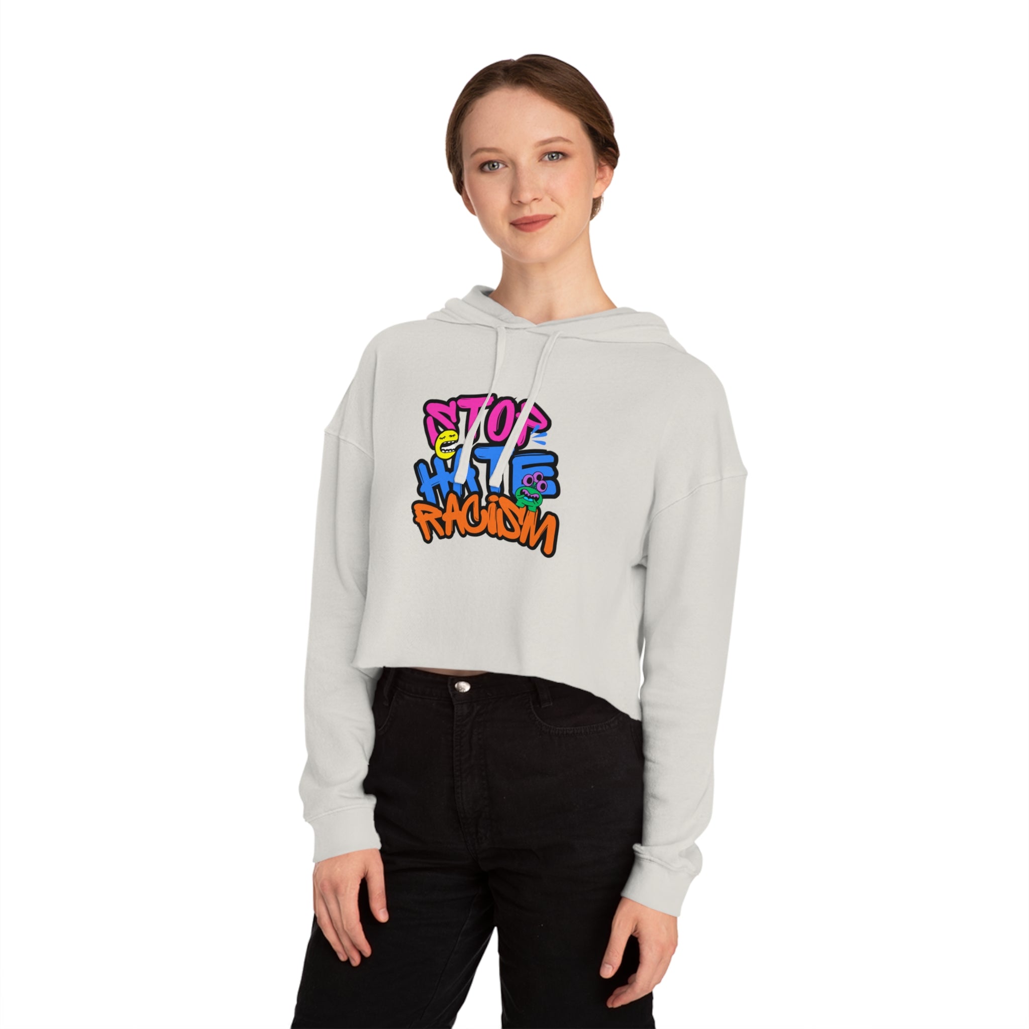 Cropped Hoodie "Stop Hate, Not People" Graffiti Anti-Racism Sweatshirt