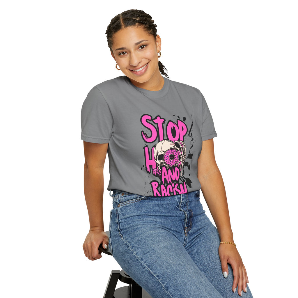 Stop H8 and Racism Graphic Tee — Anti-Racism Skull Donut Protest T-Shirt