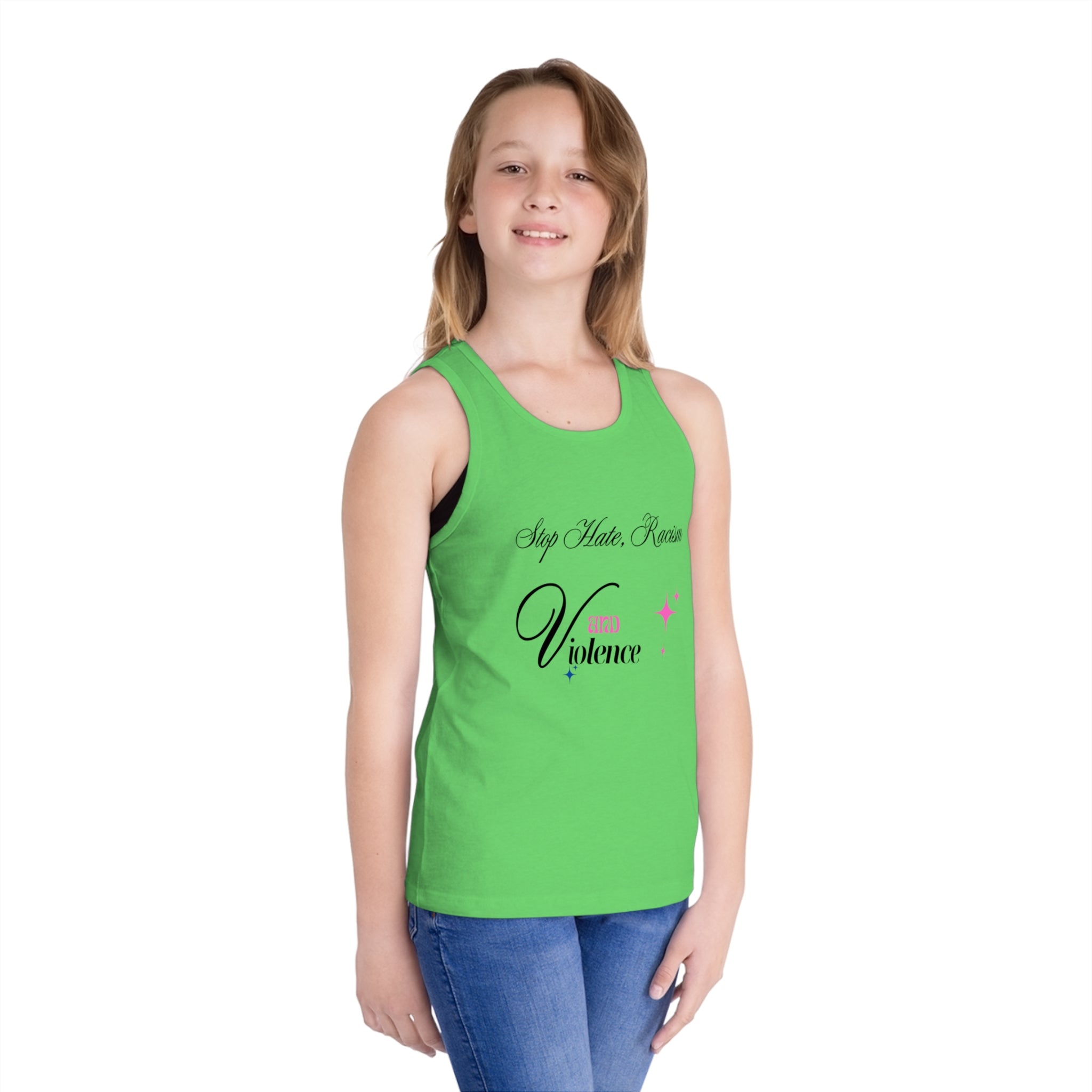 Kids Tank Top “Stop Hate, Racism — Kind Violence” Anti-Racism Graphic