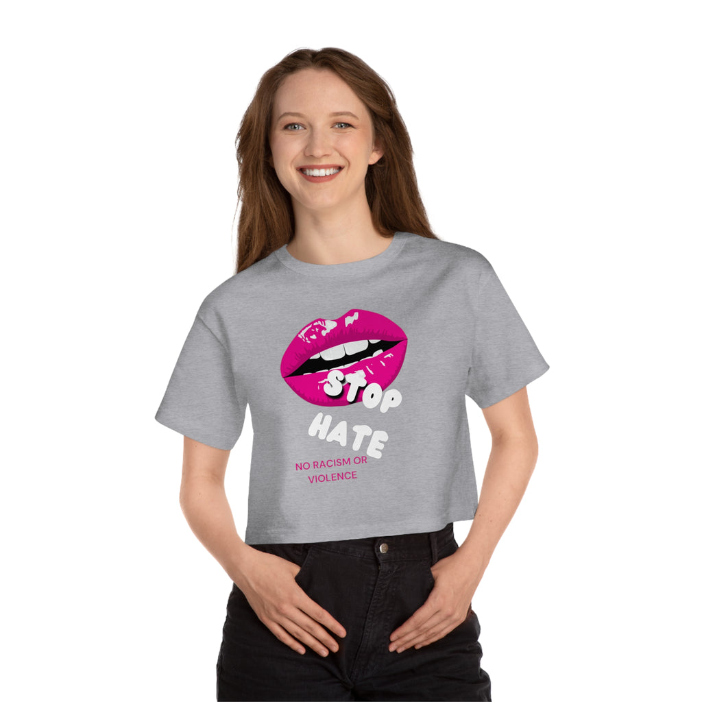 Cropped Graphic Tee — Pink Lips "No Racism or Violence" Statement Shirt