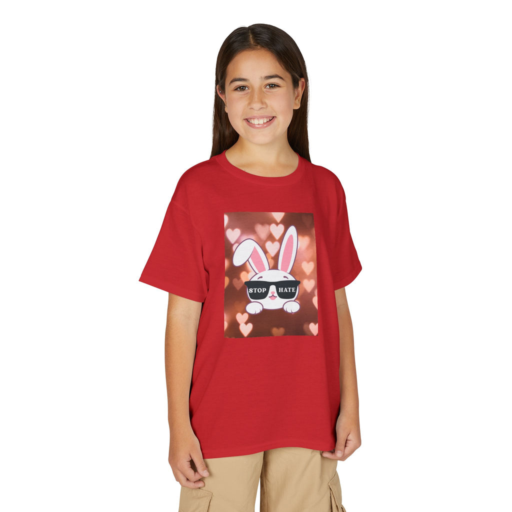 Youth T-Shirt — Cute Bunny with 'Stop the Hate' Sunglasses | Kids Anti-Bullying Tee