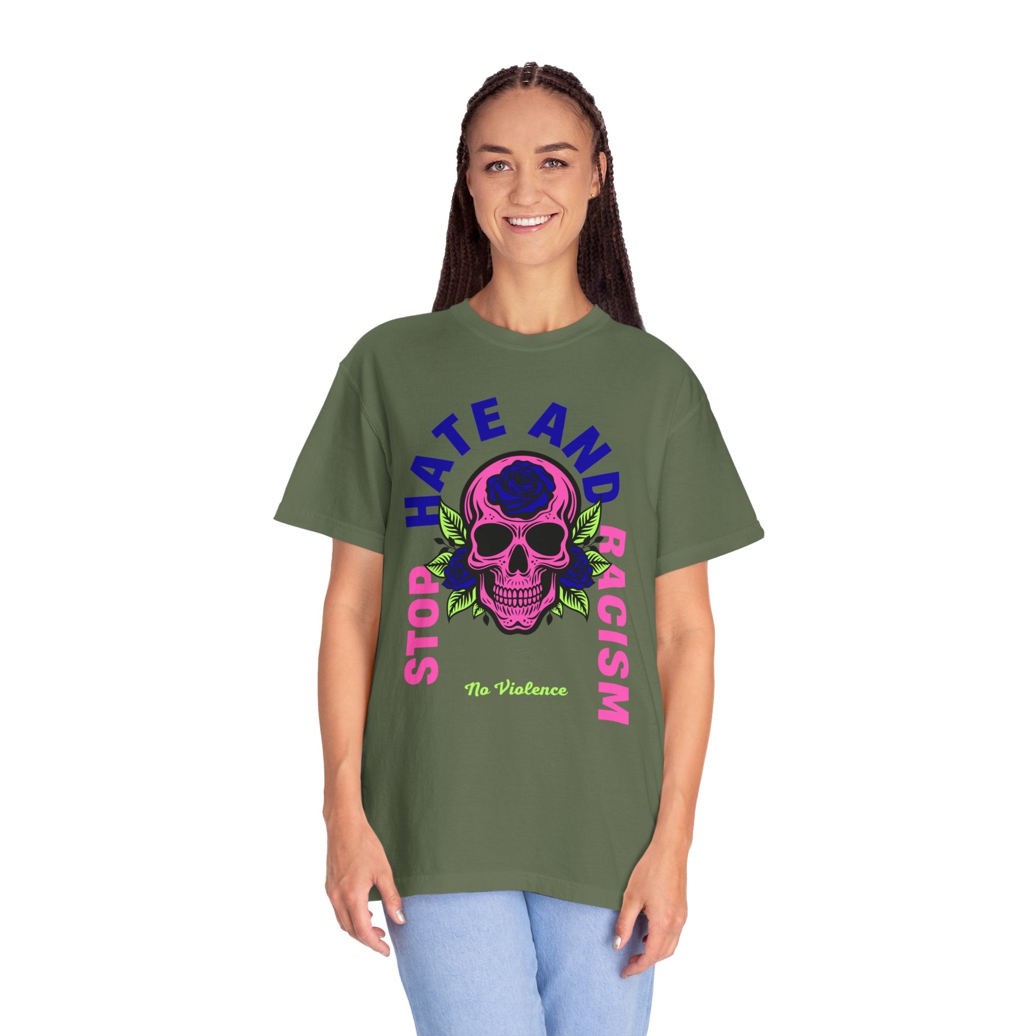 Stop Hate and Racism Skull T-Shirt — Anti-Racism Statement Tee