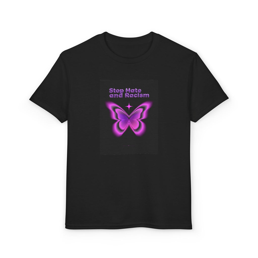 Youth T-Shirt — "Stop Hate and Racism" Pink Butterfly Anti-Racism Tee