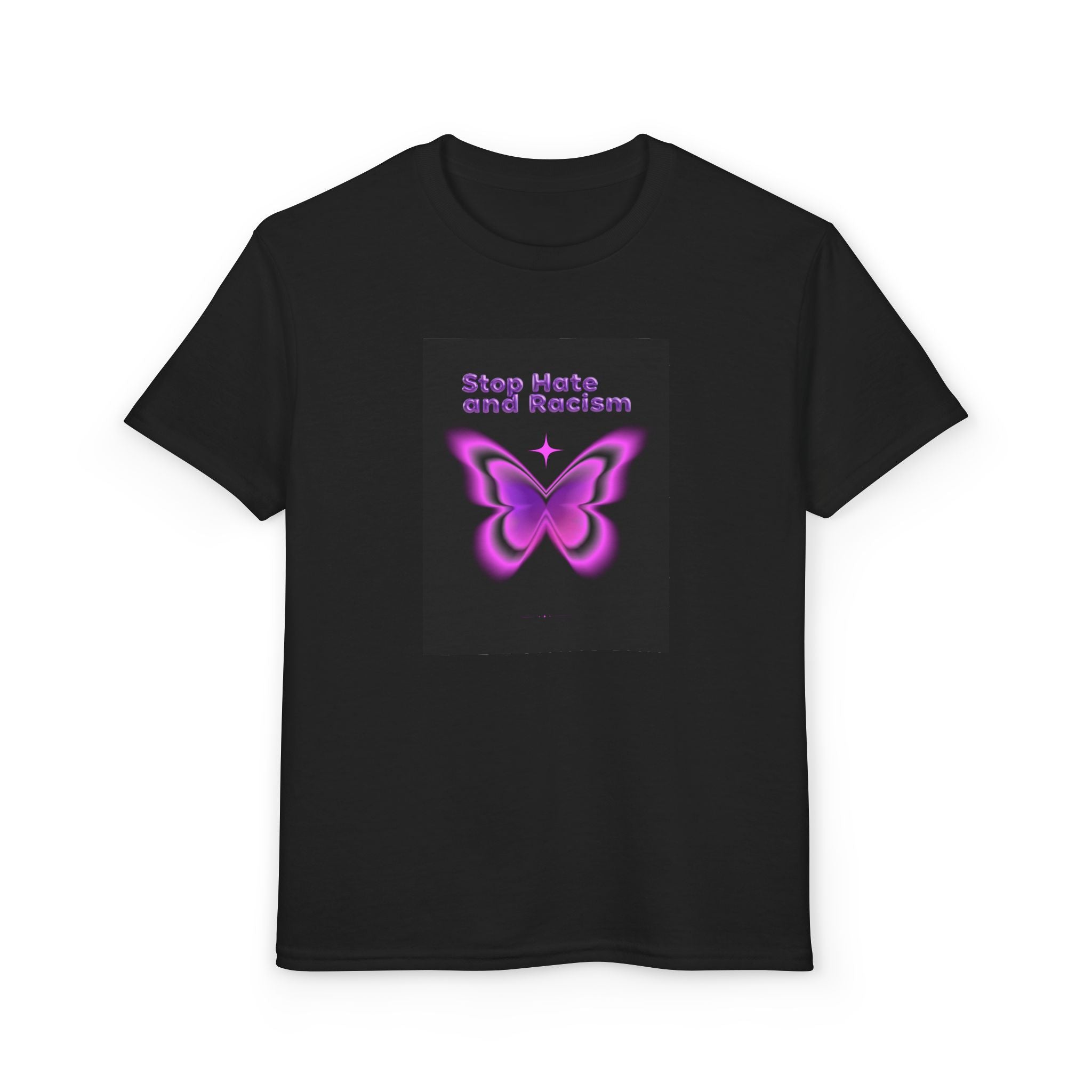 Youth T-Shirt — "Stop Hate and Racism" Pink Butterfly Anti-Racism Tee