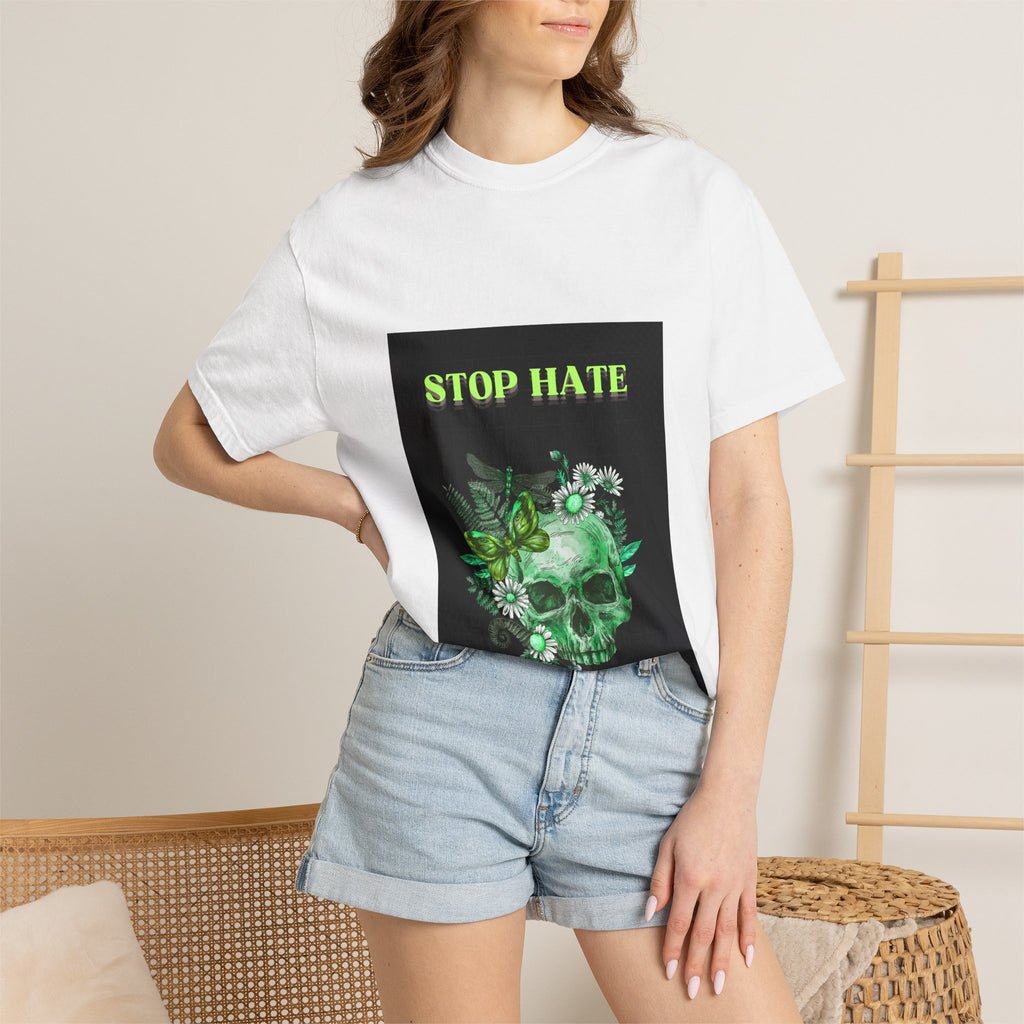 Stop Hate Skull T-Shirt — Green Floral Skull Graphic Tee