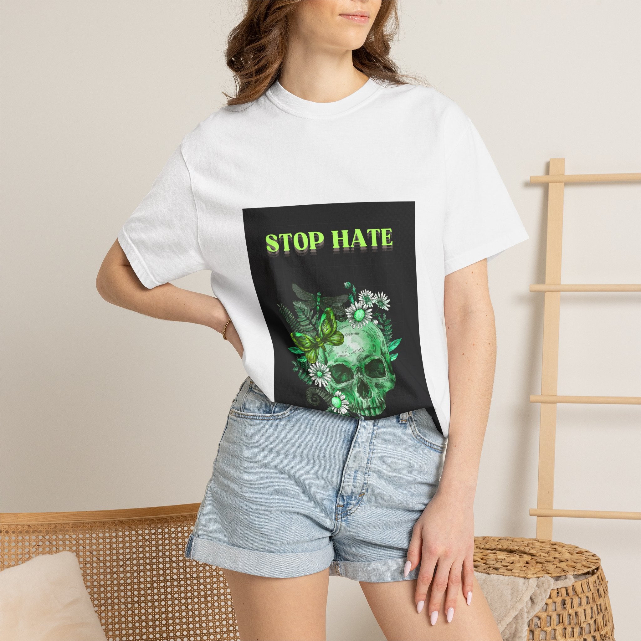Stop Hate Skull T-Shirt — Green Floral Skull Graphic Tee
