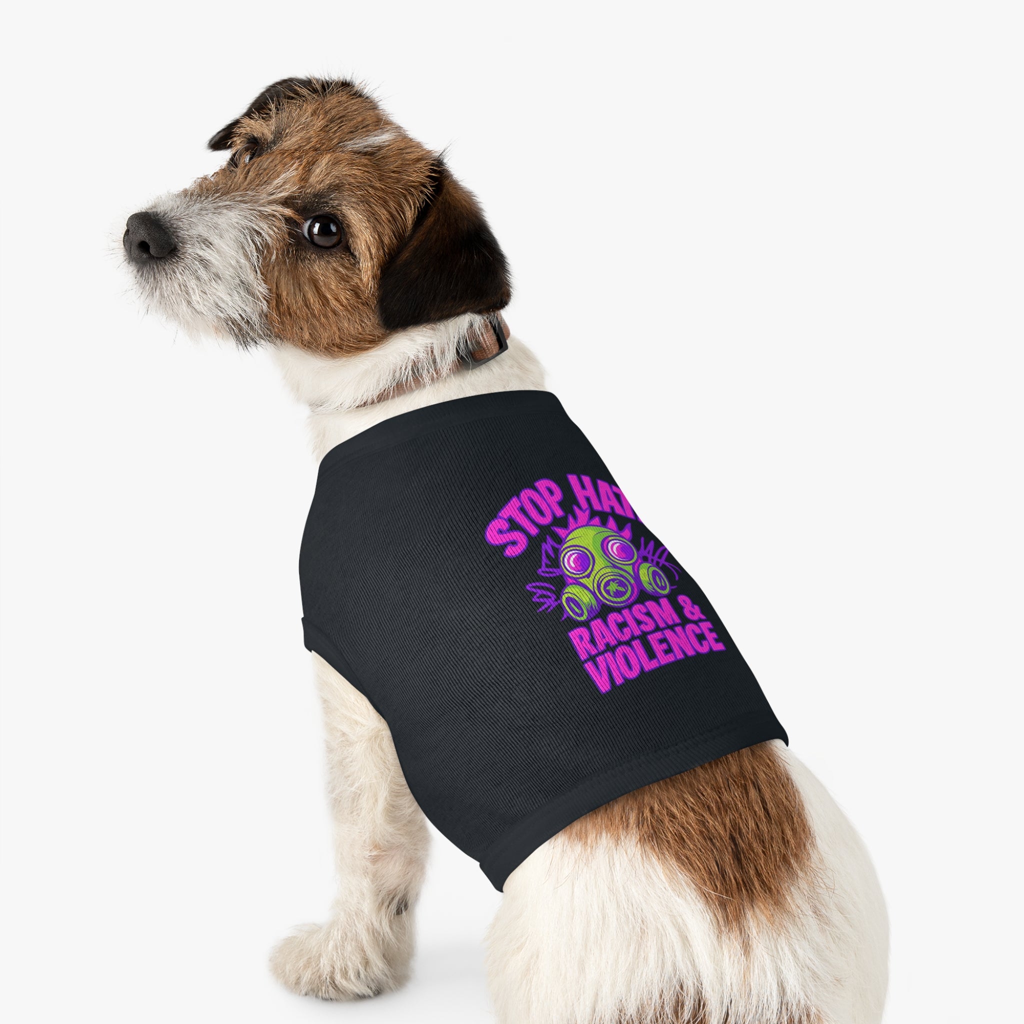 Pet Tank Top — "Stop Hate: Racism & Violence" Neon Gas Mask Anti-Racism Tee for Dogs