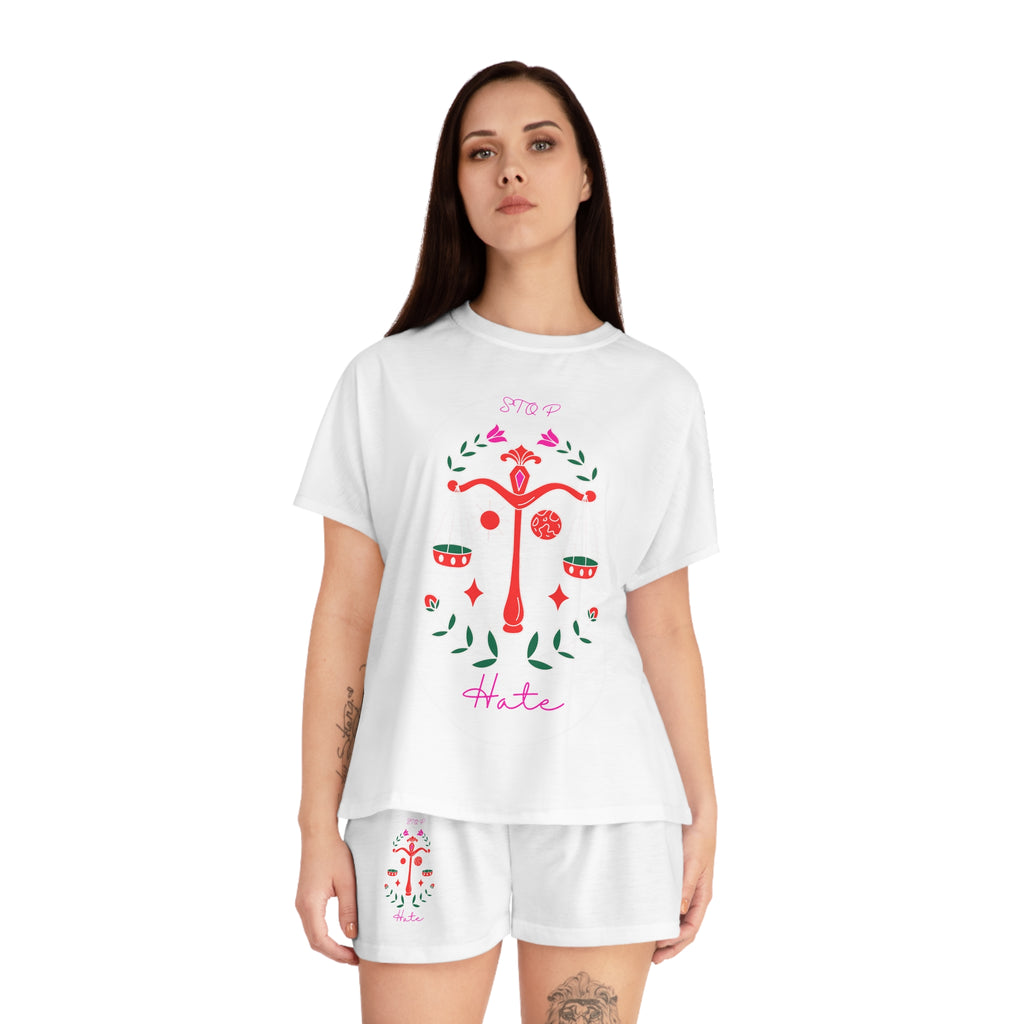 Women's Short Pajama Set - 'Stop Hate' Floral Scales Sleepwear