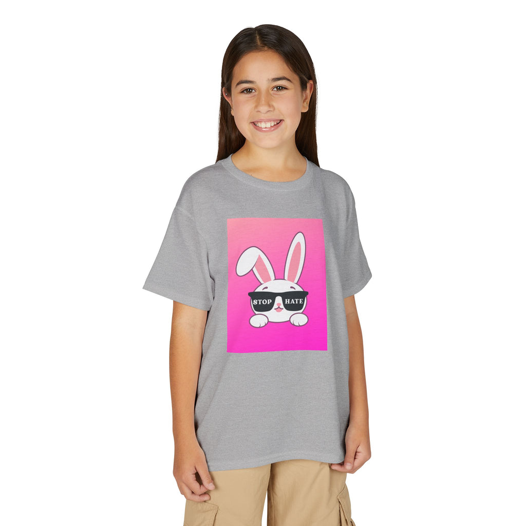 Youth T-Shirt — Pink Bunny "Stop Hate" Graphic