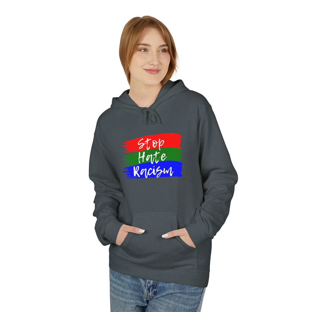 Hoodie — Stop Hate Rebuild (Red-Green-Blue Brushstroke)