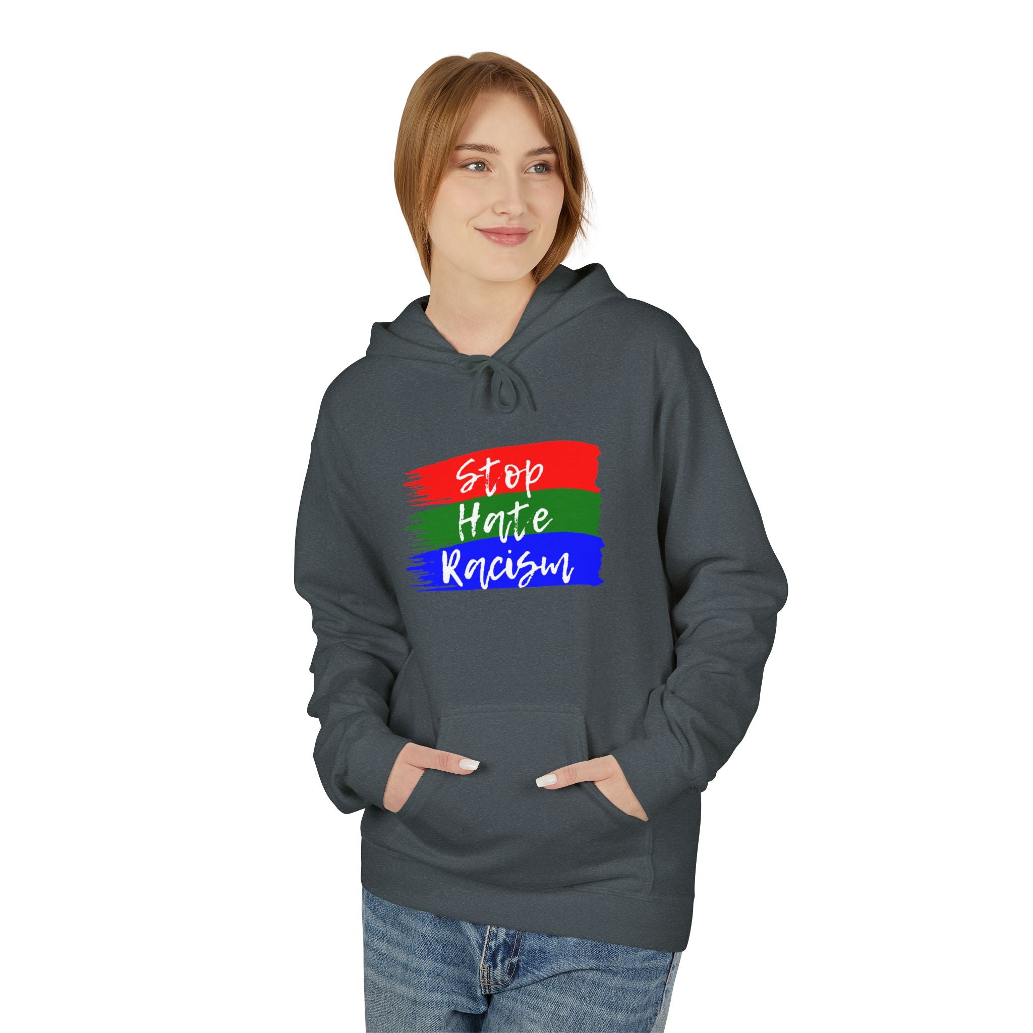 Hoodie — Stop Hate Rebuild (Red-Green-Blue Brushstroke)